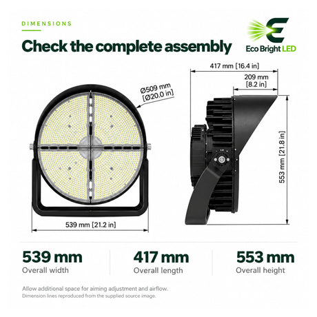 Black adjustable LED stadium light shown in front and side views with 539 mm width, 417 mm length, and 553 mm height