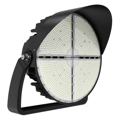 Adjustable 1200W LED stadium light with black housing, four-panel lens, and mounting bracket