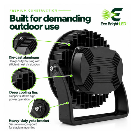 1200W LED stadium light with die-cast aluminum housing, deep cooling fins, and heavy-duty yoke bracket
