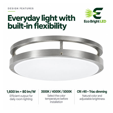 Round 14-inch 20W LED flush mount ceiling light with double rings, selectable 3500K–5000K, and Triac dimming