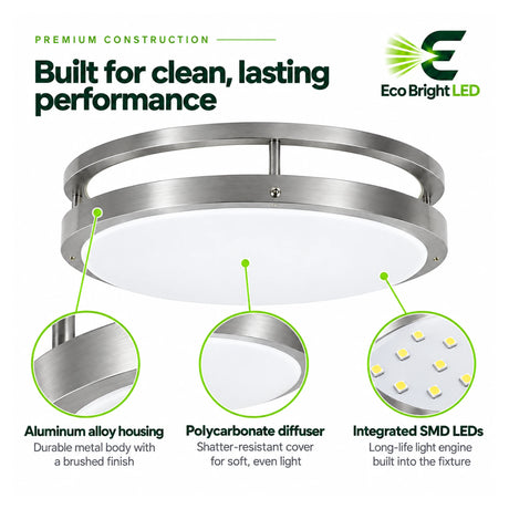 Round 14-inch 20W LED flush mount ceiling light with brushed metal housing, white diffuser, and integrated LEDs