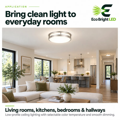 Round 14-inch 20W LED flush mount ceiling light with double-ring trim in an open-plan living room and kitchen