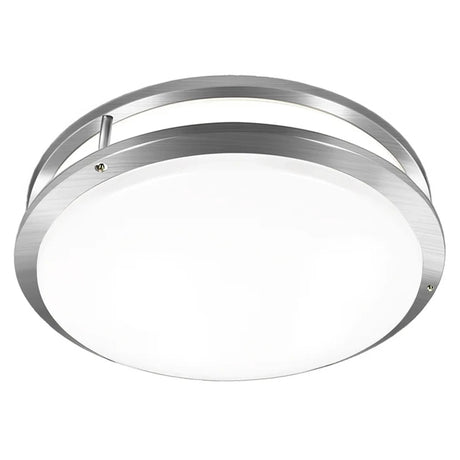 14-inch round 20W dimmable LED flush mount ceiling light with silver double-ring trim and white diffuser