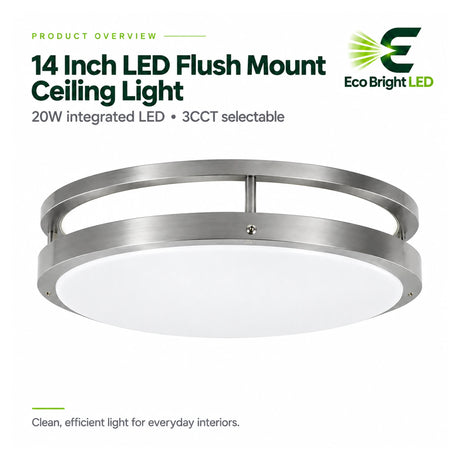 14-inch round LED flush mount ceiling light with 20W integrated LED and selectable 3CCT design in a brushed metal finish