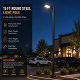 Black 15 ft round steel light pole with 3 inch OD for parking lots and walkway area lighting