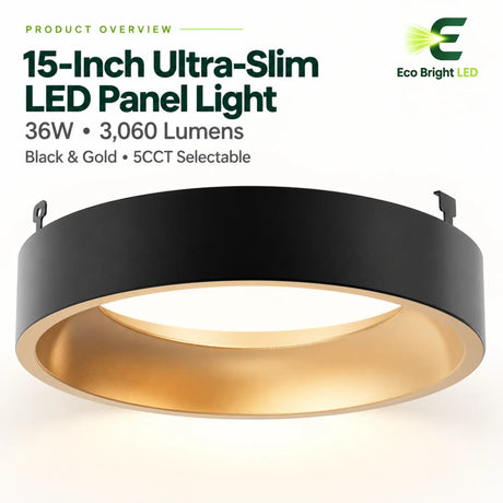 15-inch ultra-slim round LED panel light in black and gold with 5CCT selectable lighting