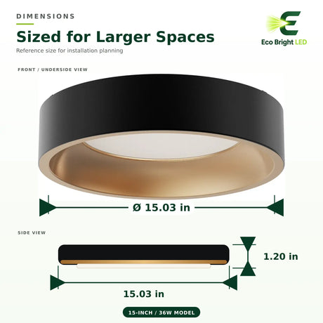 Round 15-inch ultra-slim LED panel light dimension guide showing 15.03 in diameter and 1.20 in height