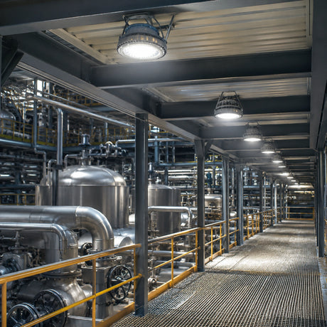 Row of 150W C1D1 round LED high bay lights delivering 21,000 lumens of 5000K illumination along a processing plant walkway.