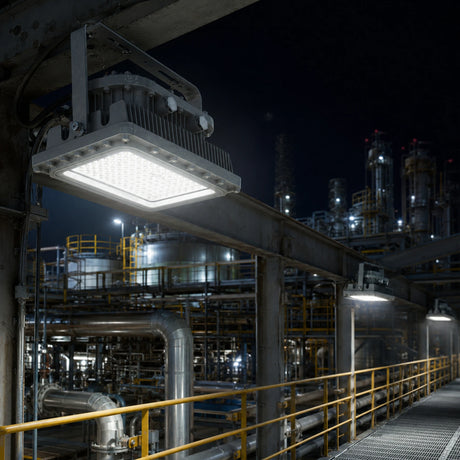 150W C1D1 square LED explosion proof flood light delivering 21,000 lumens of 5000K illumination on a refinery walkway.