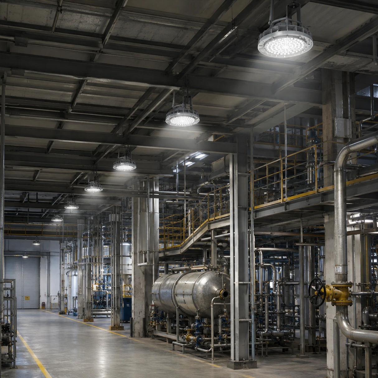 150W C1D2 LED high bay lights delivering 23,286 lumens of 5000K illumination in an industrial plant.