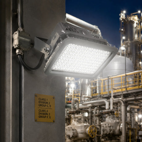 150W Class 1 Division 2 LED explosion proof flood light illuminating an industrial oil and gas plant at night.