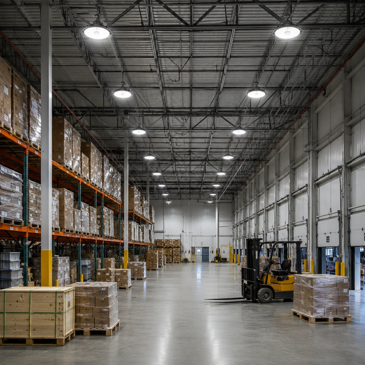 150W 22,500lm 5000K 120-277V dimmable UFO LED high bay lights illuminate a warehouse with racks.