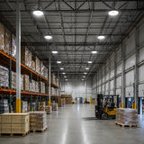 150W 22,500lm 5000K 120-277V dimmable UFO LED high bay lights illuminate a warehouse with racks.