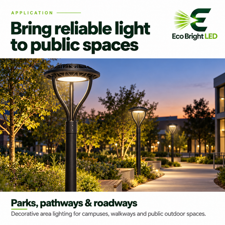 Decorative 3CCT LED post top lights illuminate a landscaped walkway through parks, pathways, and public spaces at dusk
