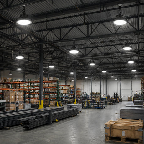 150W 23,100lm 5000K 277-480V UFO LED high bay lights illuminate an industrial warehouse with storage racks.