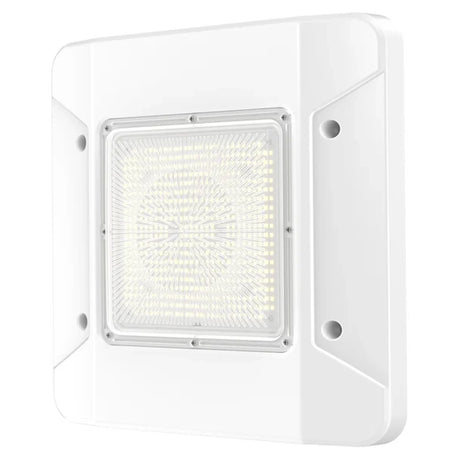 White 150W LED canopy light with 5700K illumination, rectangular housing, central lens, and mounting holes