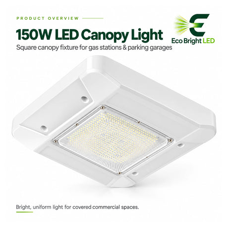 Square white 150W LED canopy light with clear lens for 5700K commercial gas station and parking garage lighting