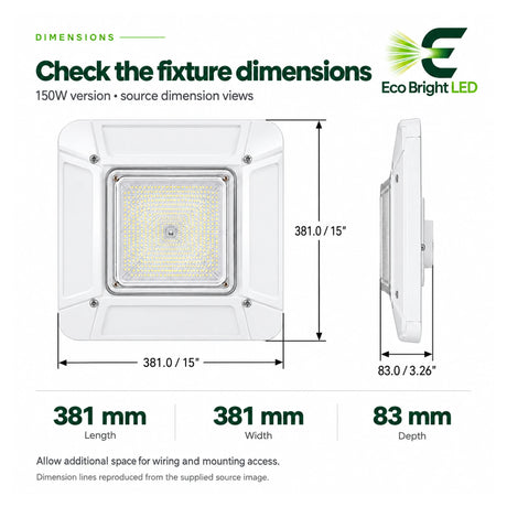 White 150W LED canopy light in front and side views, measuring 381 mm square with 83 mm depth
