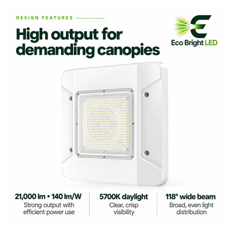White 150W LED canopy light with 5700K daylight and a wide beam, featuring a rectangular fixture for parking garages