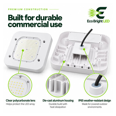 White 150W 5700K LED canopy light with clear polycarbonate lens, aluminum housing, and IP65 weather-resistant design
