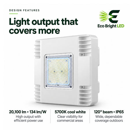 White 150W LED canopy light with vented housing and central lens, shown in front view with 5700K cool white lighting