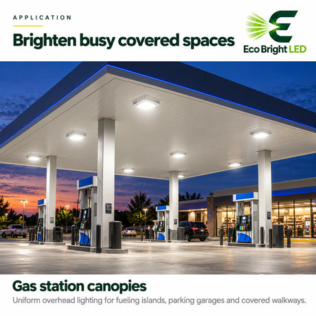150W 5700K LED canopy lights illuminating a gas station fueling area and covered parking spaces at dusk