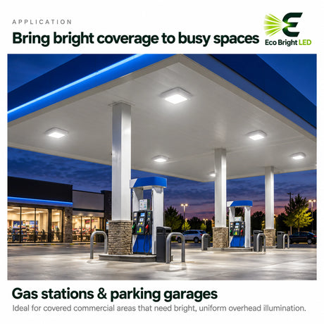 150W 5700K LED canopy lights illuminating a gas station forecourt and covered commercial area at dusk
