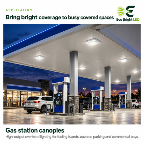 150W 5700K LED canopy lights illuminating a gas station fueling area and covered parking at dusk