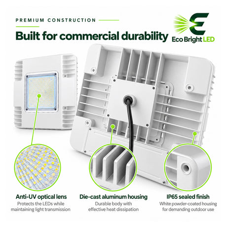 150W 5700K LED canopy light with white die-cast aluminum housing, anti-UV optical lens, and IP65 sealed finish