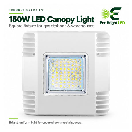 White 150W 5700K LED canopy light with square fixture and central LED panel for covered gas stations and warehouses