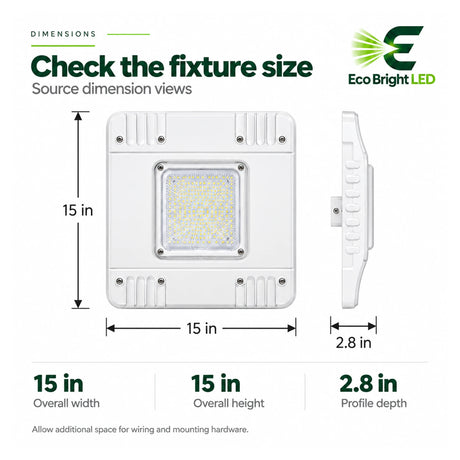 15-inch square 150W LED canopy light in 5700K with 2.8-inch profile depth for gas stations and warehouses