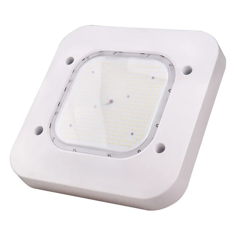 White 150W 5700K LED canopy light with rounded square housing, central lens, and four mounting holes