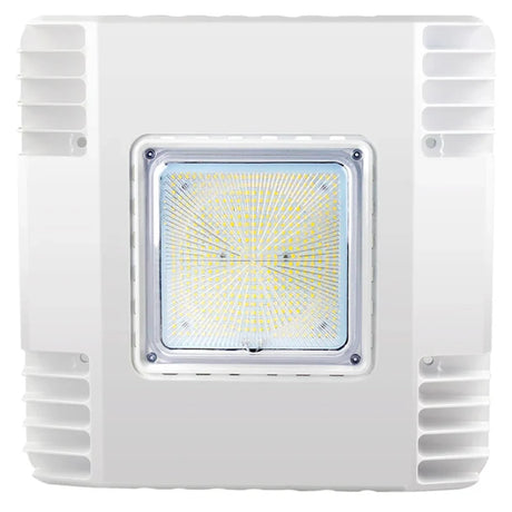 White square 150W LED canopy light with a central 5700K LED array and ribbed side fins