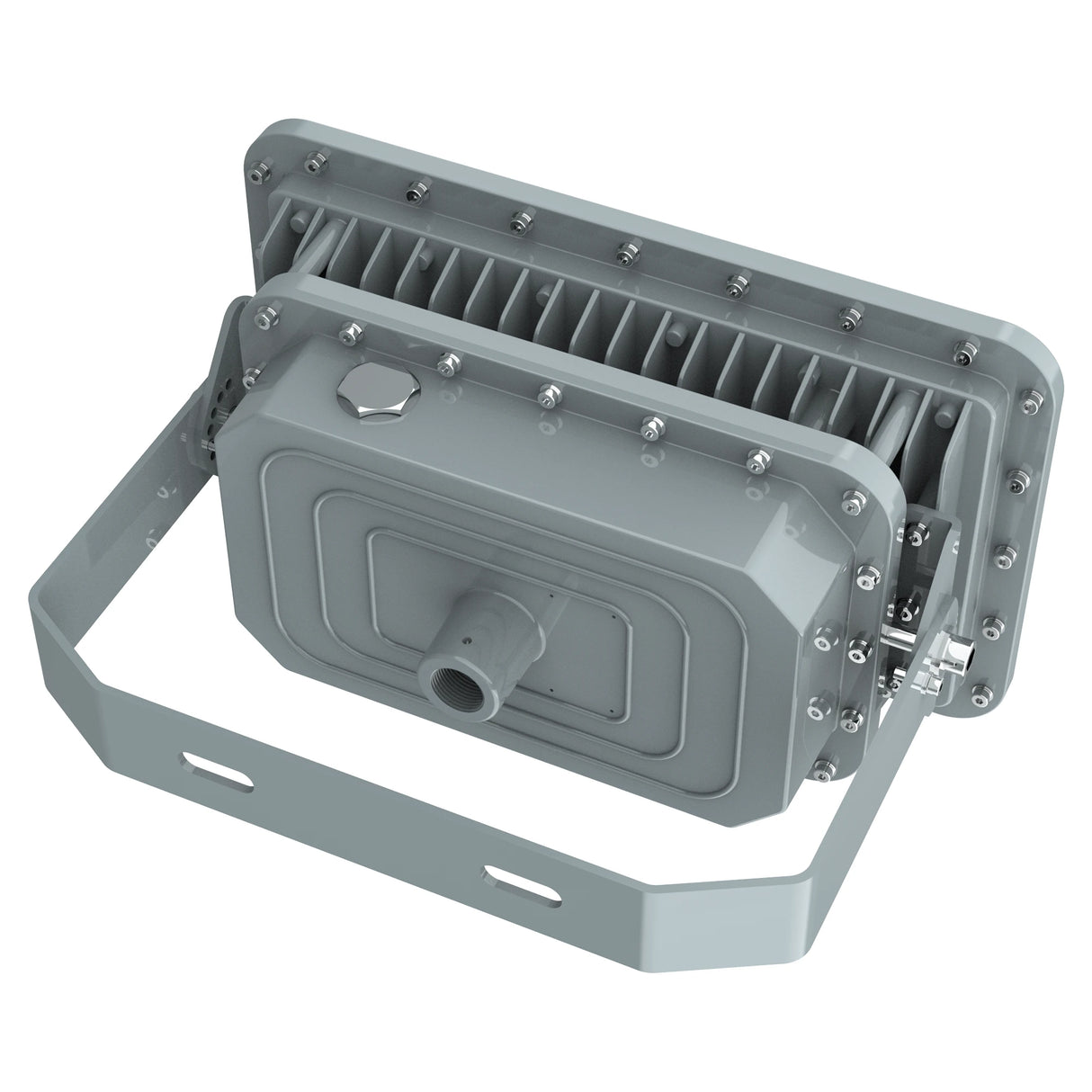 Top detail of the sealed driver compartment on a 150W C1D2 LED explosion proof fixture for hazardous locations.