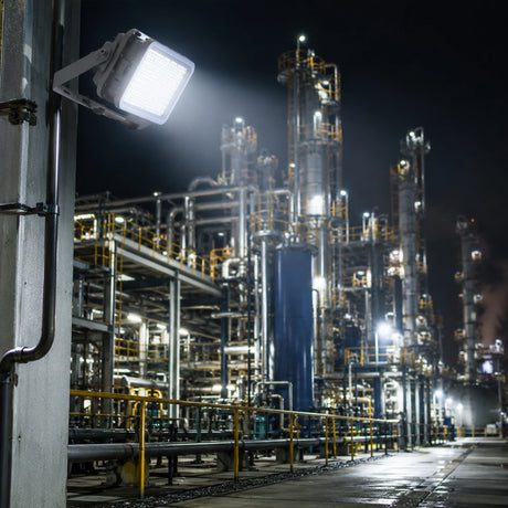 150W C1D2 explosion proof flood light illuminating a nighttime refinery walkway with 5000K daylight output.