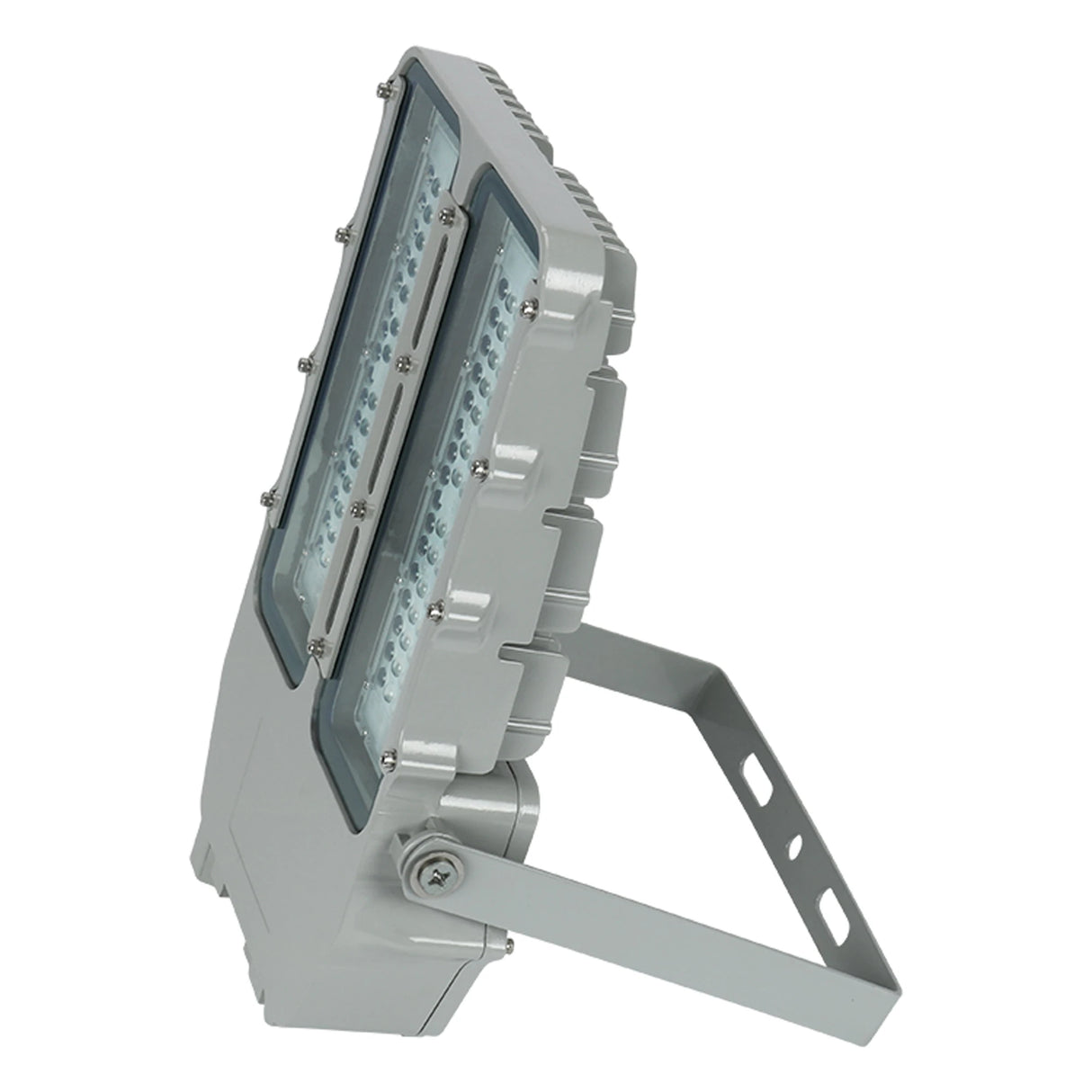 Side profile of 150W C1D2 explosion proof LED flood light with an adjustable heavy-duty U-bracket for site installation.