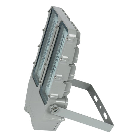 Side profile of 150W C1D2 explosion proof LED flood light with an adjustable heavy-duty U-bracket for site installation.