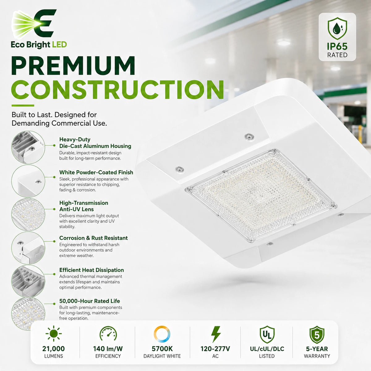 Housing, lens and construction details of 150W LED Canopy Light 5700K for Gas Stations for durable commercial use.