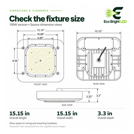 150W LED canopy light front, rear, and side views with 15.15 x 15.15 x 3.3 inch fixture dimensions