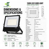 Dimensions and specifications for 150W LED Flood Light 5000K IP65 for, including measurements and performance data.