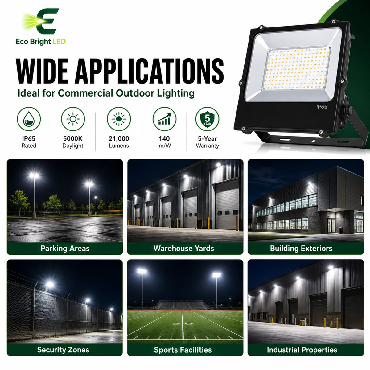 Housing, lens and construction details of 150W LED Flood Light 5000K IP65 for Commercial for durable commercial use.