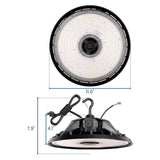 150W UFO LED high bay light with round lens, hanging hook, cord, and 11.6 inch diameter size diagram
