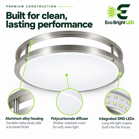 Round 16-inch 25W LED flush mount ceiling light with brushed aluminum housing and white polycarbonate diffuser