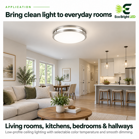 16-inch 25W round LED flush mount ceiling light in a bright open-plan living room and kitchen