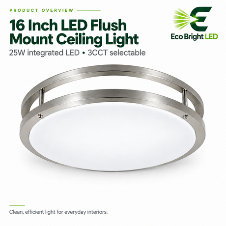 Round 16-inch 25W LED flush mount ceiling light with silver-tone trim and 3CCT selectable design