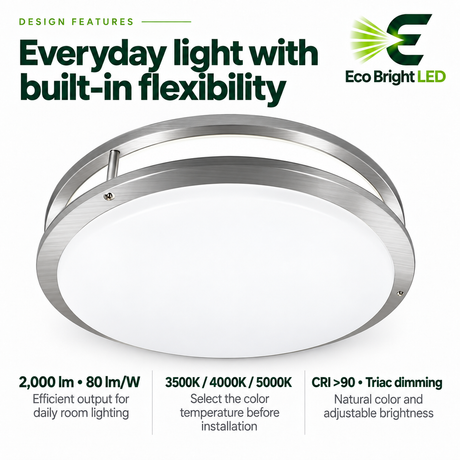 Round 16-inch 25W LED flush mount ceiling light with brushed metal trim, white diffuser, 3CCT, and Triac dimming