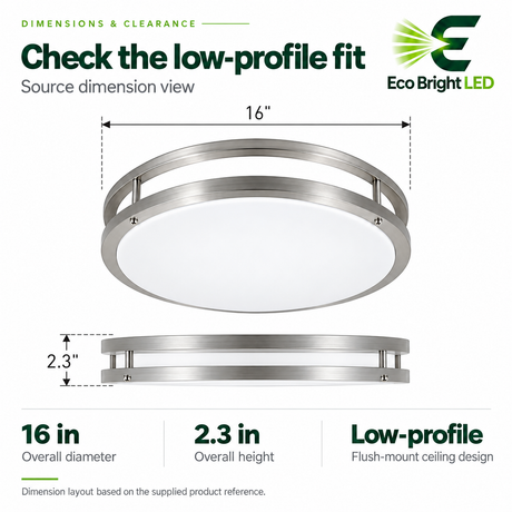 16-inch 25W round low-profile flush-mount ceiling light with brushed nickel finish, white diffuser, and 2.3-inch height