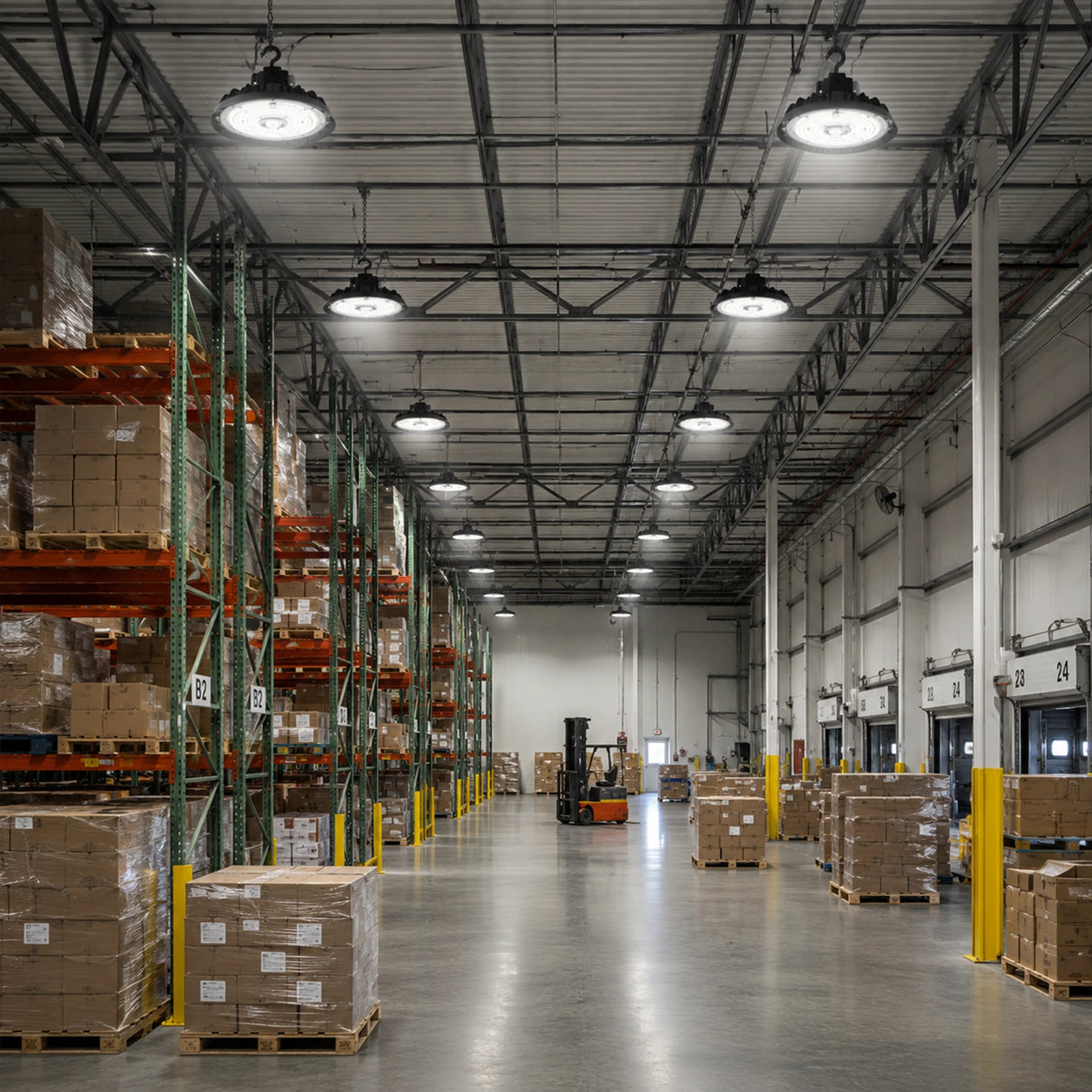 180-240W selectable 4000K-5000K UFO LED high bay lights illuminate a warehouse aisle with pallet racks.