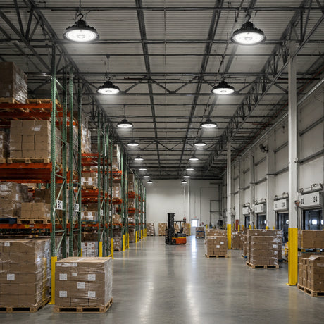 180-240W selectable 4000K-5000K UFO LED high bay lights illuminate a warehouse aisle with pallet racks.