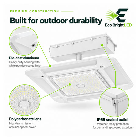 180W 5700K dimmable LED canopy light with white die-cast aluminum housing, polycarbonate lens, and IP65 build